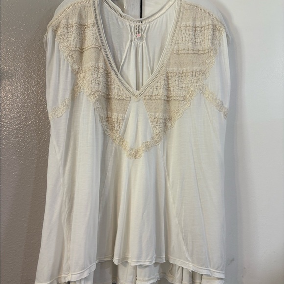 Free People Abigail Tee White Lace Oversized Loose Fit Top Lattice Boho Prarie - Picture 3 of 8